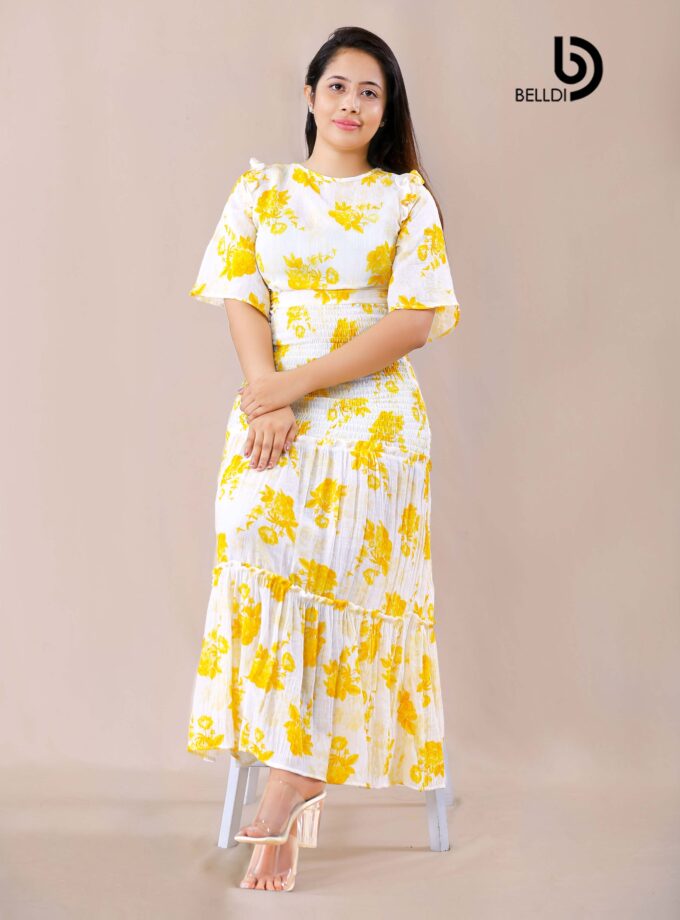 FLORAL SHORT SLEEVE SMOCKED LONG DRESS