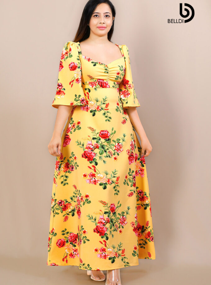 BELL SLEEVE FLORAL LONG DRESS