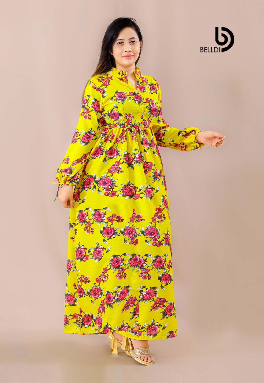 HIGH NECK LONG SLEEVE LONG FLORAL DRESS