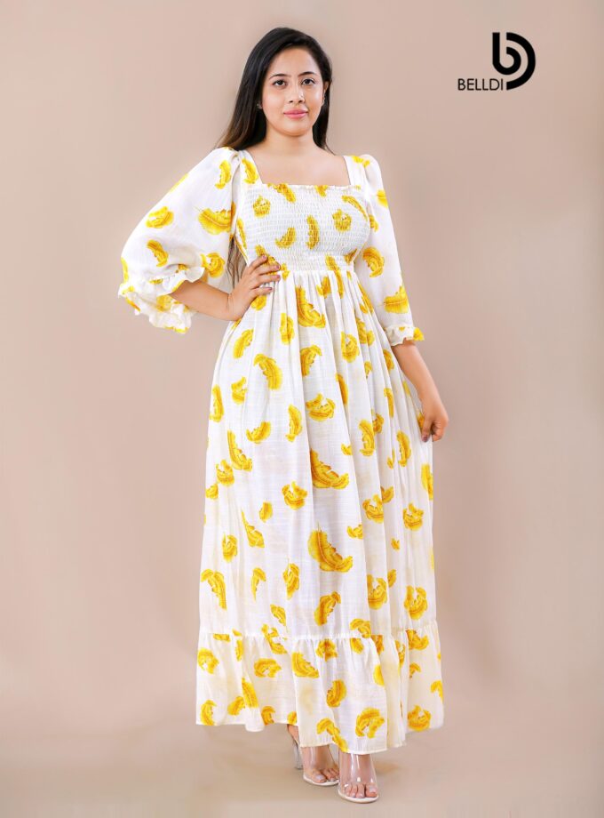 BUTTERFLY SLEEVE SQUARE NECK SMOCKED LONG DRESS