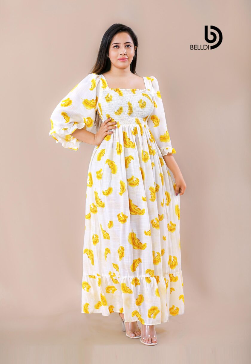 BUTTERFLY SLEEVE  SQUARE NECK SMOCKED LONG DRESS - Image 2
