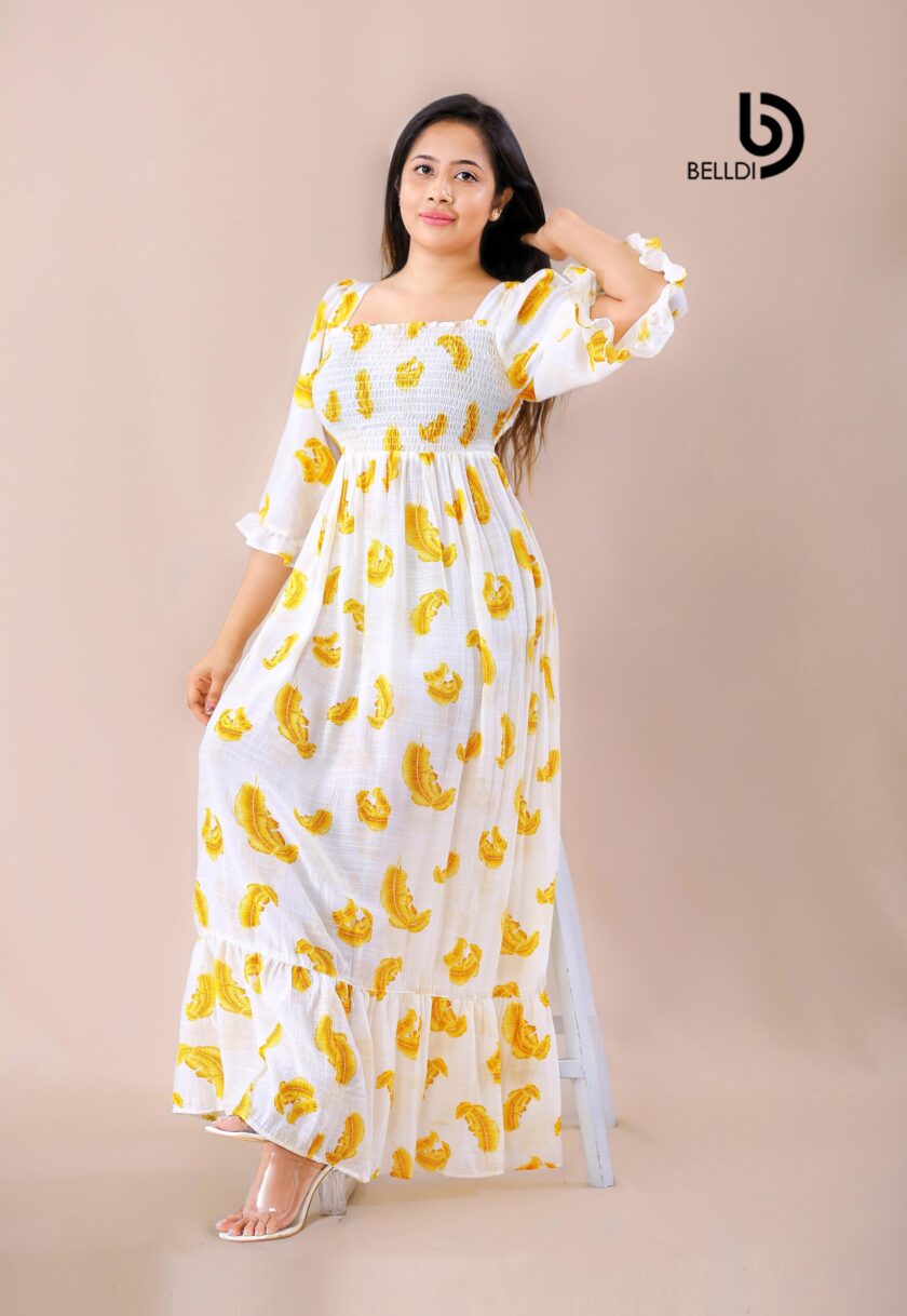 BUTTERFLY SLEEVE  SQUARE NECK SMOCKED LONG DRESS