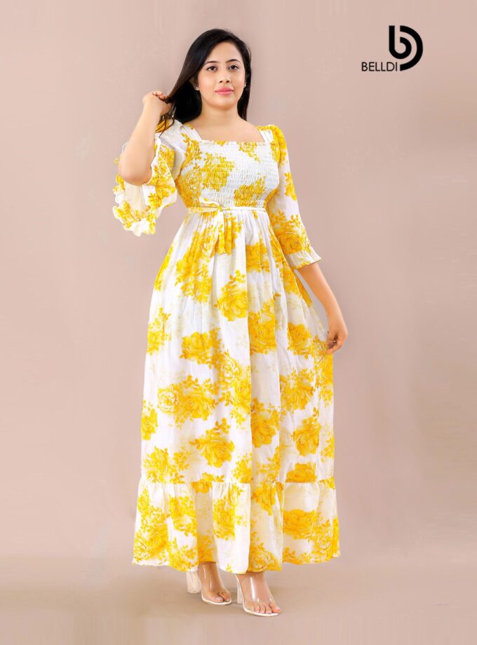 BUTTERFLY SLEEVE SQUARE NECK SMOCKED LONG DRESS