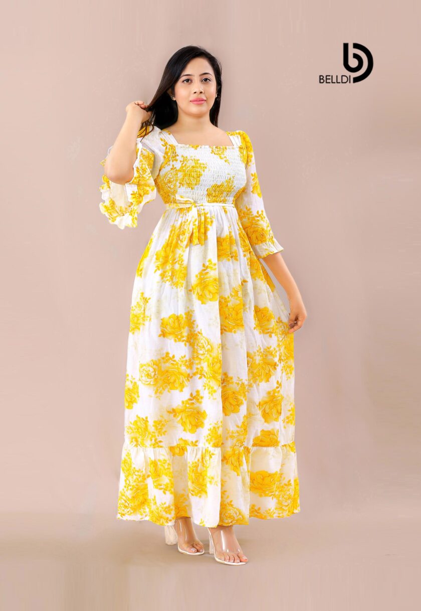 BUTTERFLY SLEEVE SQUARE NECK SMOCKED LONG DRESS - Image 2