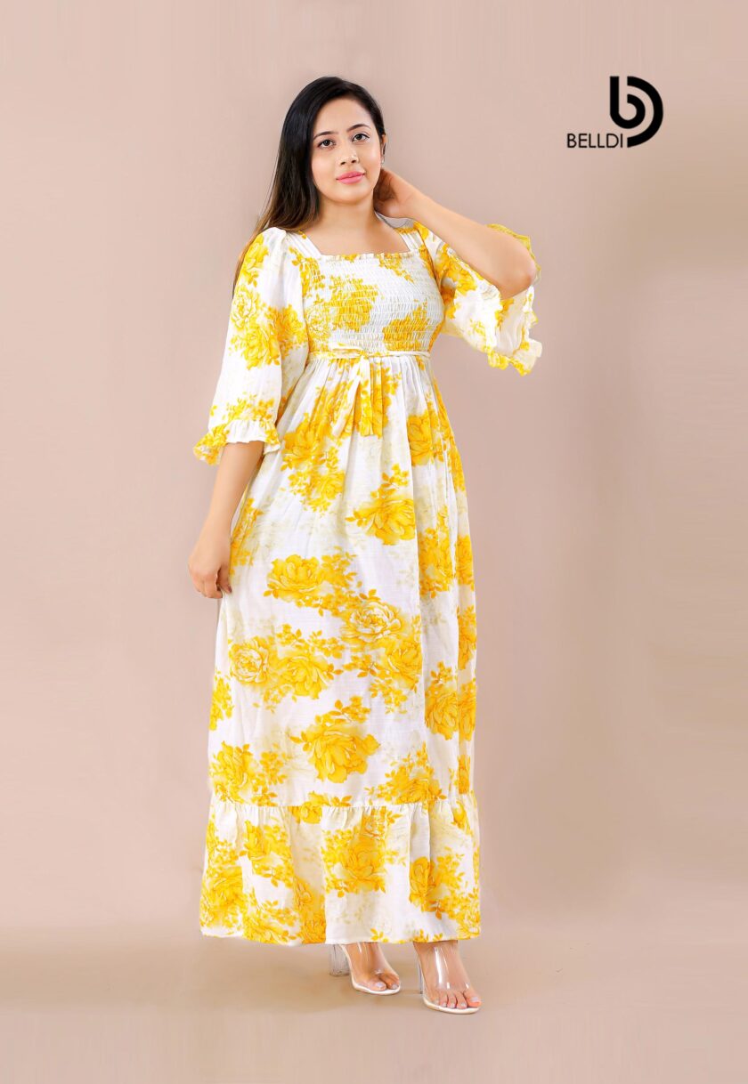 BUTTERFLY SLEEVE SQUARE NECK SMOCKED LONG DRESS