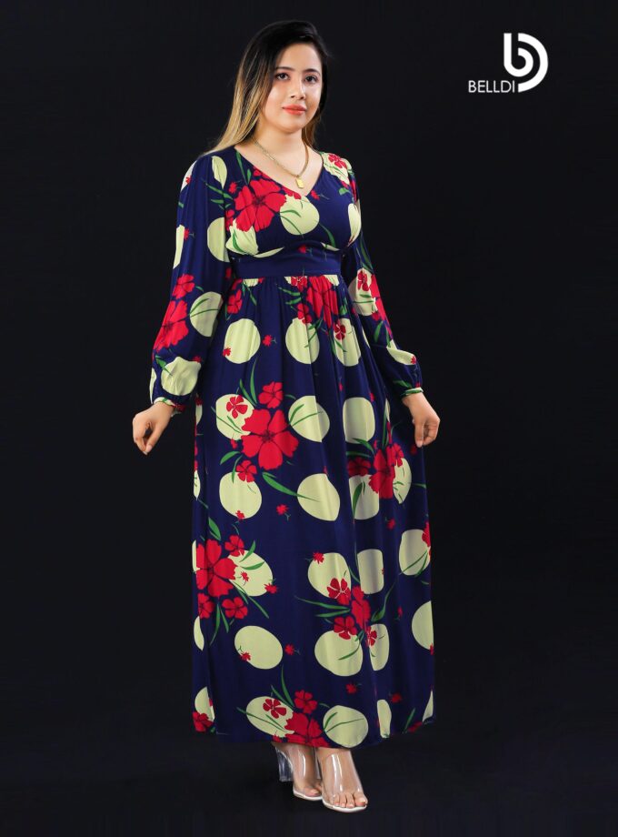 BISHOP SLEEVE FLORAL V-NECK LONG DRESS