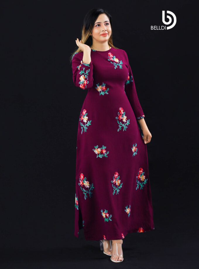 EMBROIDERED FLORAL JEWEL NECK LONG SLEEVE LONG DRESS