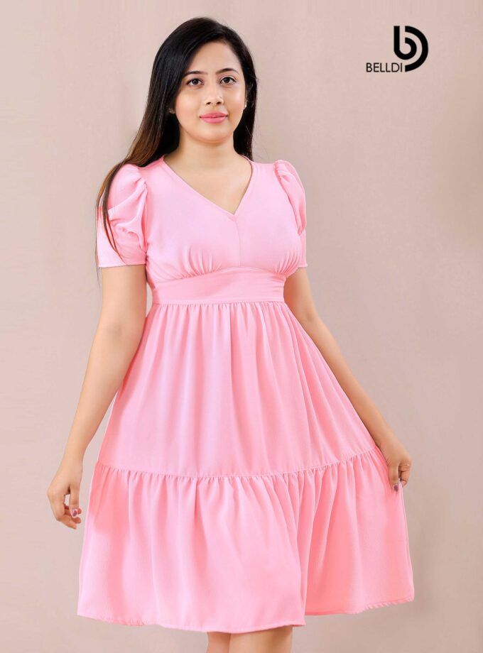 PUFF SLEEVE V-NECK PINK SHORT DRESS