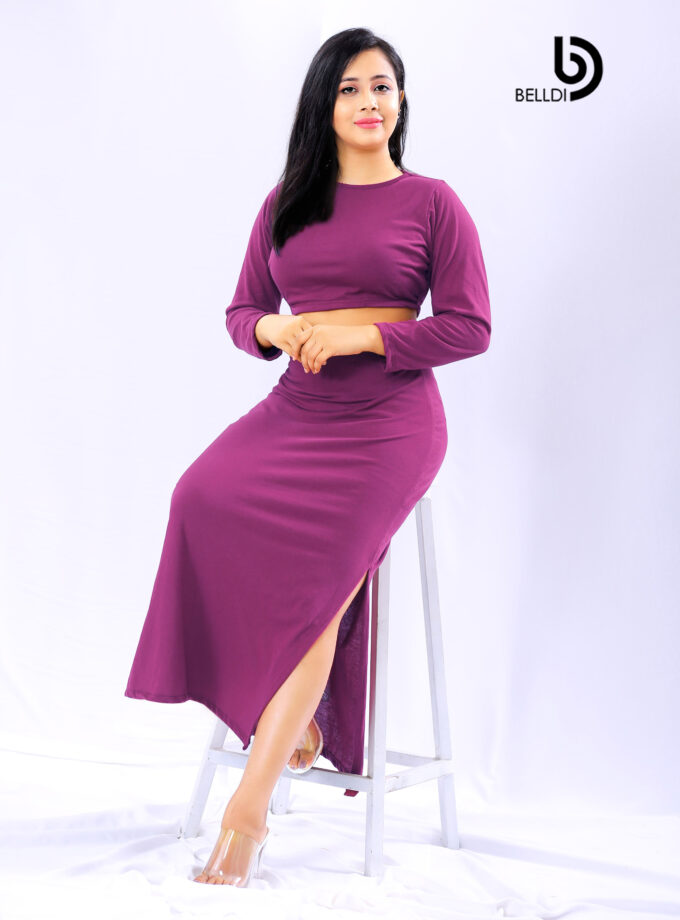 JEWEL NECK LONG SLEEVE CROP TOP AND SIDE SPLIT HIGH WAIST SKIRT