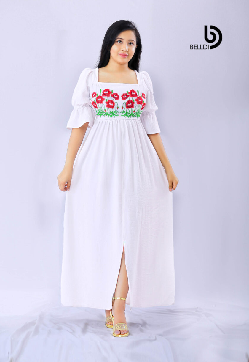 PUFF SLEEVE FLORAL EMBROIDERED WHITE LONG DRESS