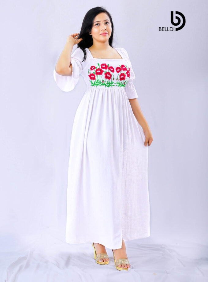 PUFF SLEEVE FLORAL EMBROIDERED WHITE LONG DRESS