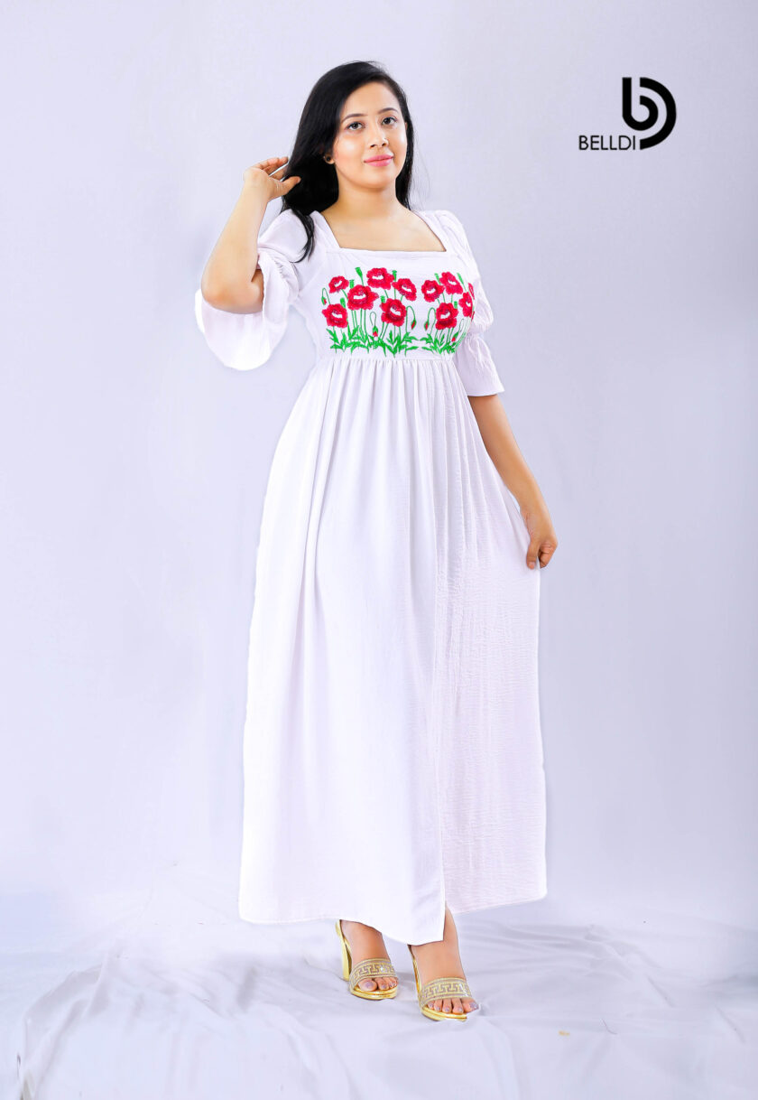 PUFF SLEEVE FLORAL EMBROIDERED WHITE LONG DRESS - Image 2