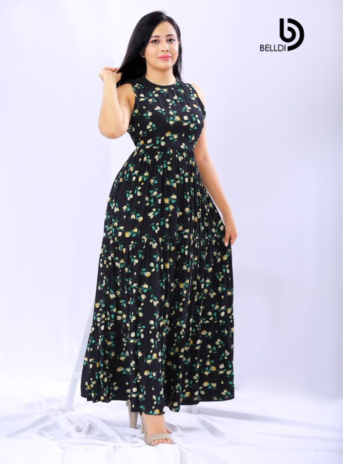 HIGH NECK SLEEVELESS FLORAL LONG DRESS