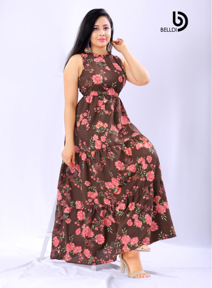 HIGH NECK SLEEVELESS FLORAL LONG DRESS