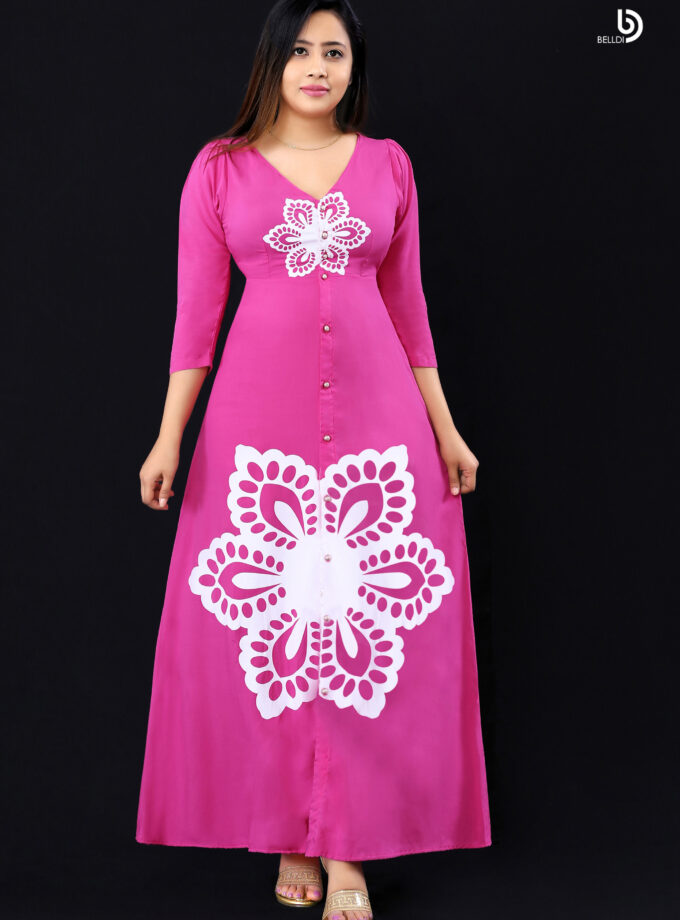 V-NECK LONG SLEEVE FRONT OPENED PRINTED LONG DRESS