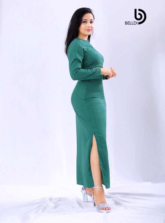 JEWEL NECK LONG SLEEVE CROP TOP AND SIDE SPLIT HIGH WAIST SKIRT
