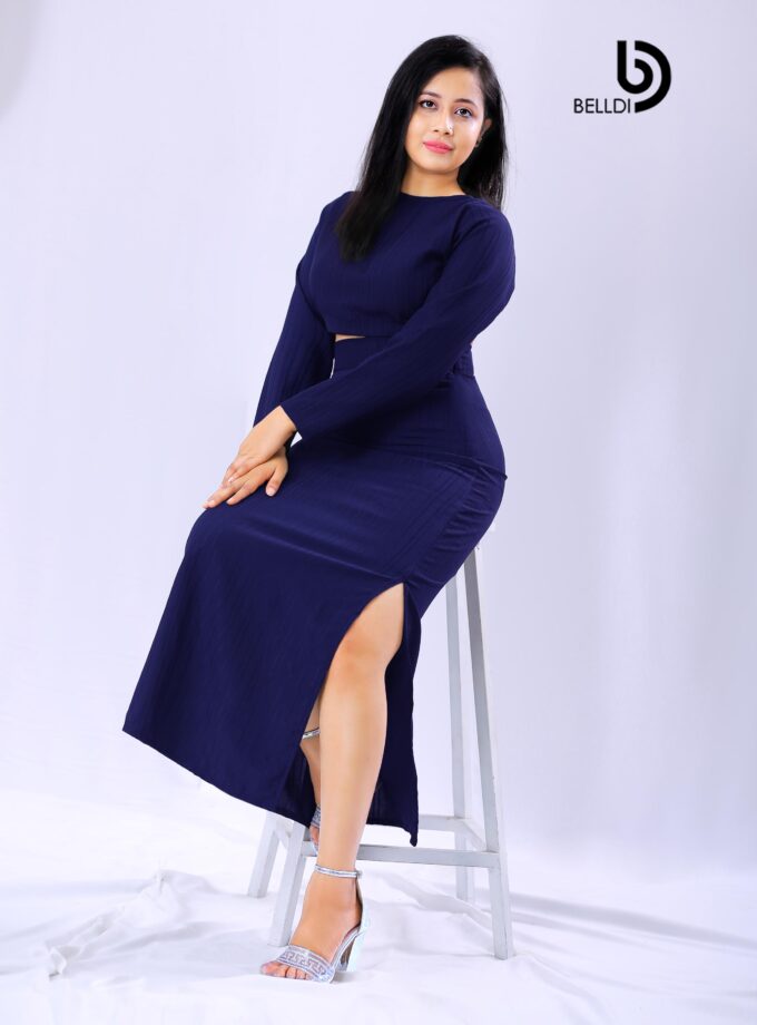 JEWEL NECK LONG SLEEVE CROP TOP AND SIDE SPLIT HIGH WAIST SKIRT