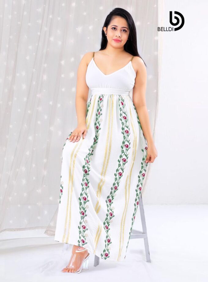 EMBROIDERED V NECK WHITE LONG DRESS