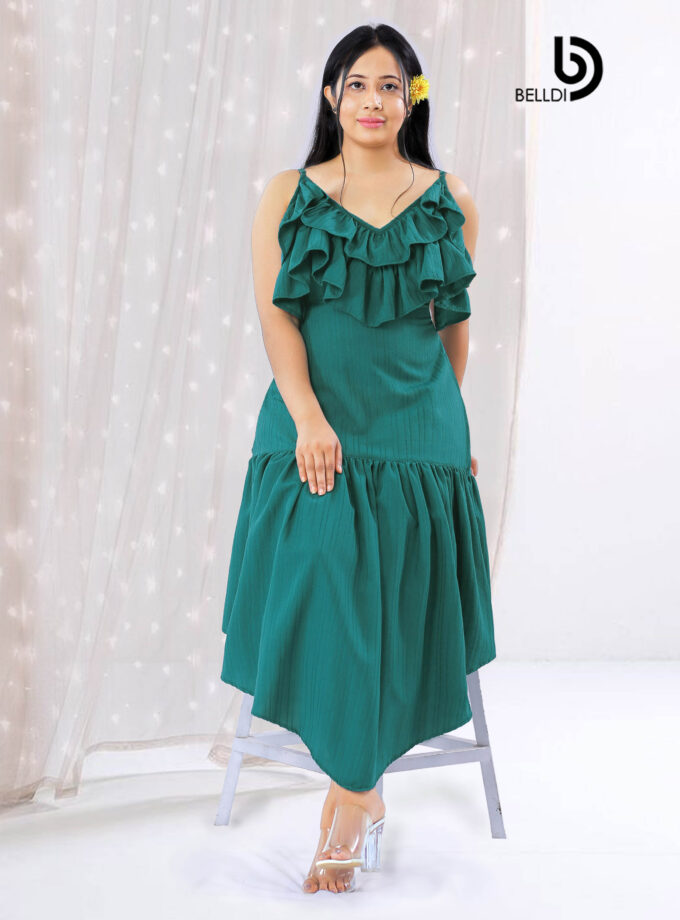 RUFFLE LAYERED SPAGHETTI STRAPS MAXI DRESS