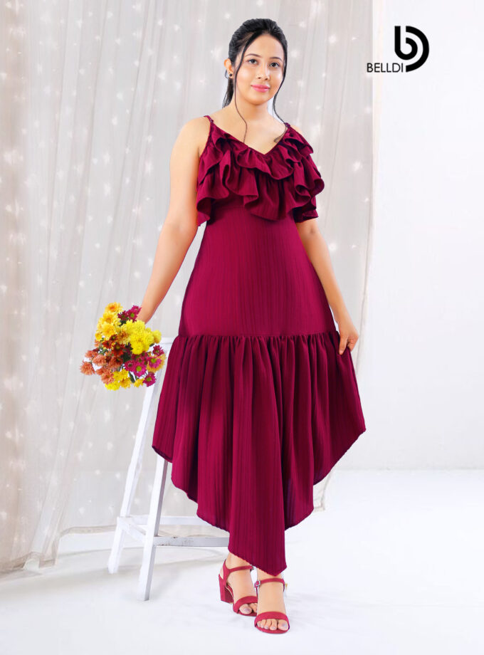 RUFFLE LAYERED SPAGHETTI STRAPS MAXI DRESS