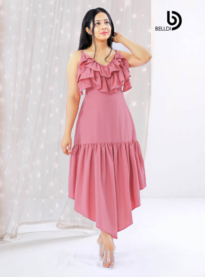 RUFFLE LAYERED SPAGHETTI STRAPS MAXI DRESS