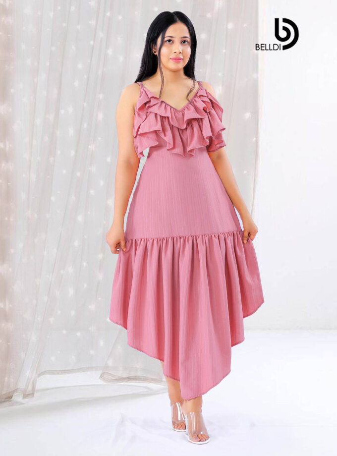 RUFFLE LAYERED SPAGHETTI STRAPS MAXI DRESS