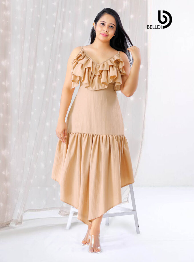 RUFFLE LAYERED SPAGHETTI STRAPS MAXI DRESS