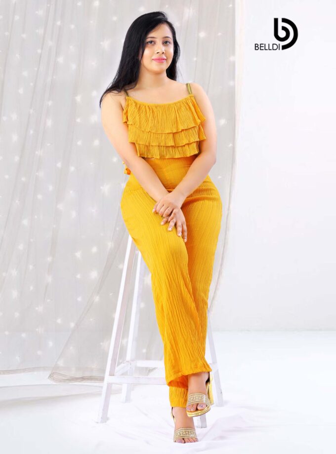 SPAGHETTI STRAP LAYERED RUFFLE YELLOW CROP TOP