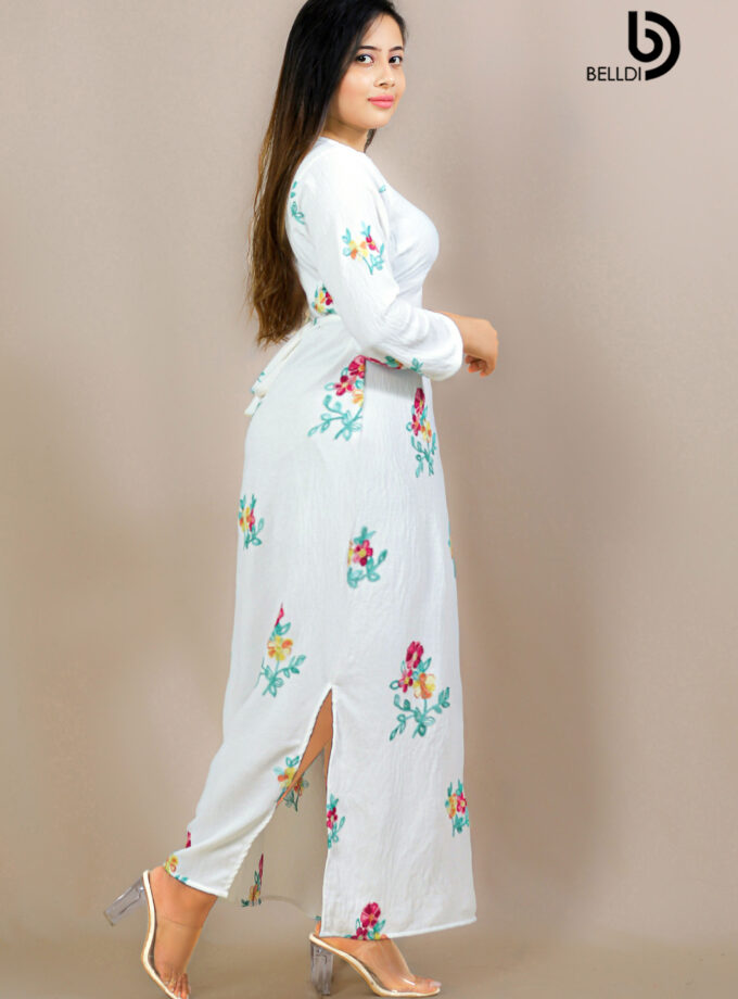 EMBROIDERED FLORAL JEWEL NECK LONG SLEEVE LONG DRESS