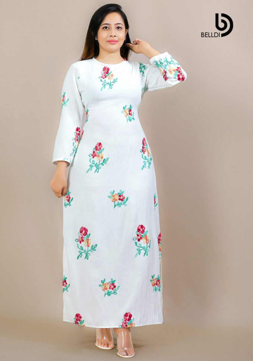 EMBROIDERED FLORAL JEWEL NECK LONG SLEEVE LONG DRESS