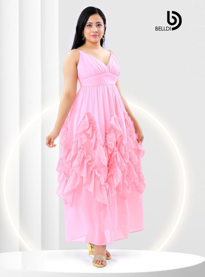 V-NECK SPAGHETTI STRAPS RUFFLED PINK LONG DRESS