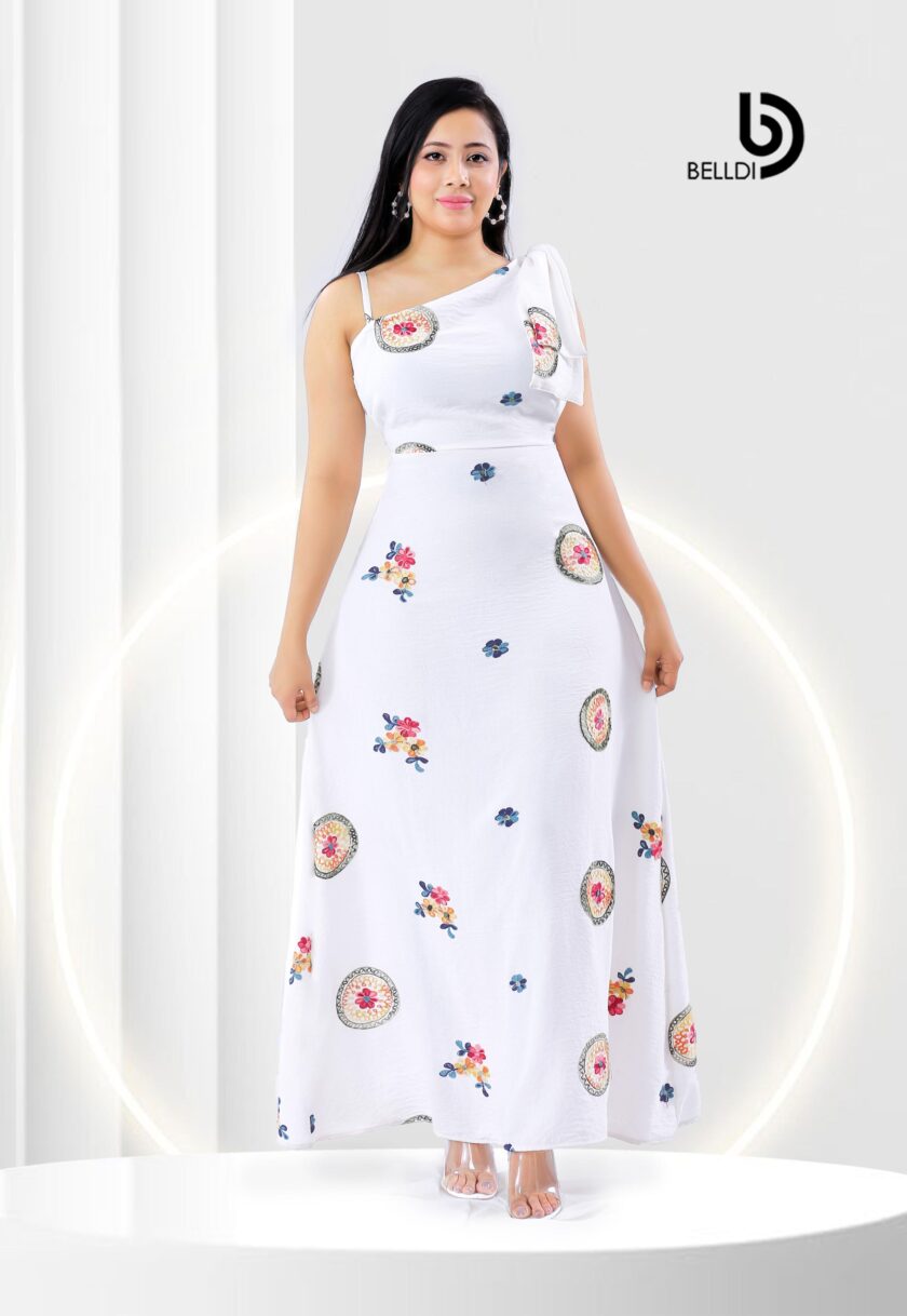ONE SHOULDER FLORAL WHITE LONG DRESS