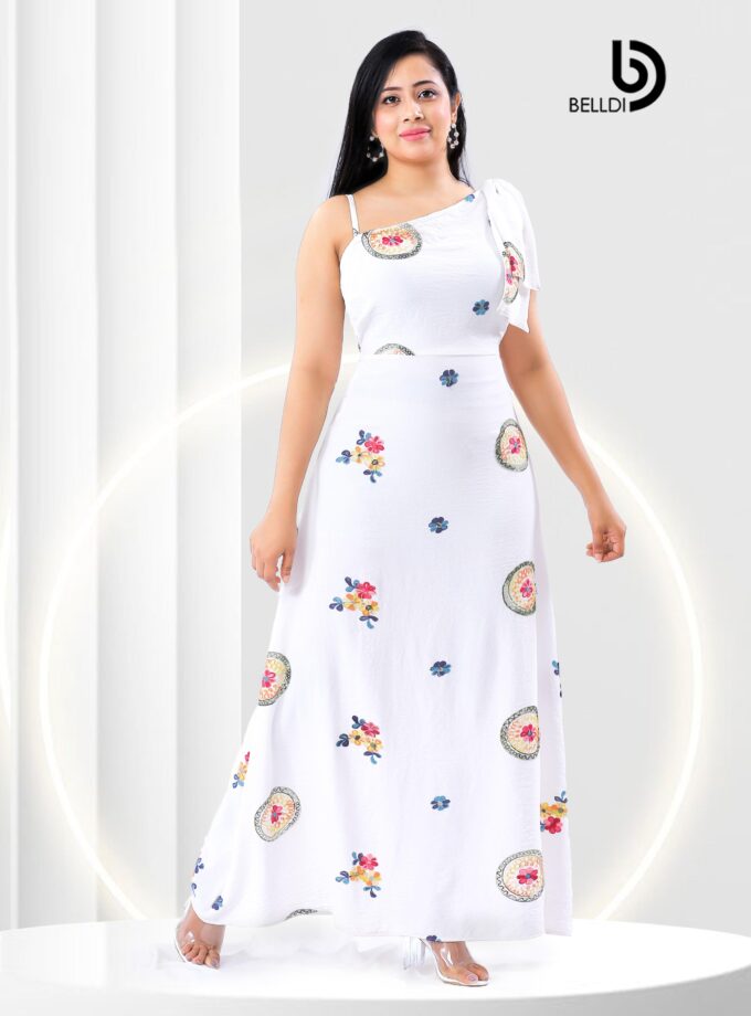 ONE SHOULDER FLORAL WHITE LONG DRESS