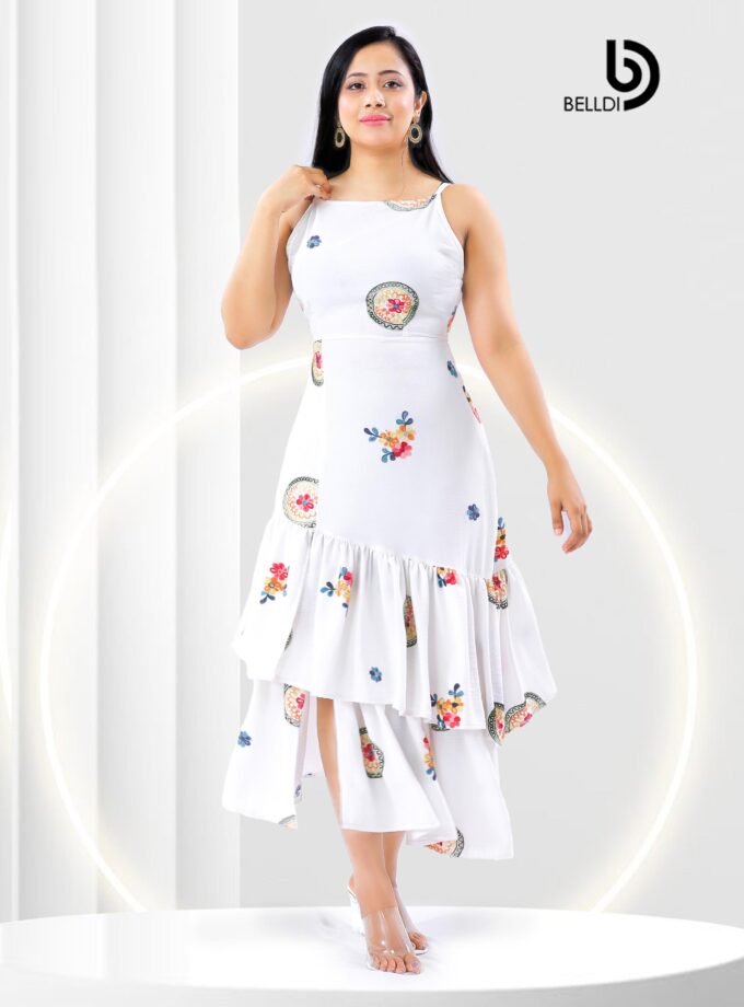 SQUARE NECK SPAGETTI STRAP SIDE SPLIT FLORAL WHITE LONG DRESS