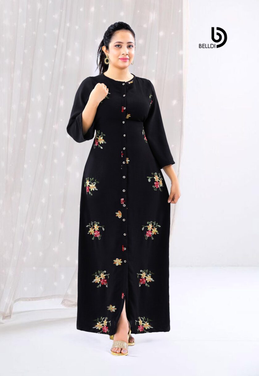 A-LINE LONG SLEEVE FLORAL FRONT OPENED BLACK LONG DRESS