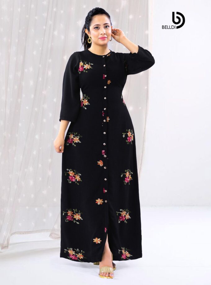 A-LINE LONG SLEEVE FLORAL FRONT OPENED BLACK LONG DRESS
