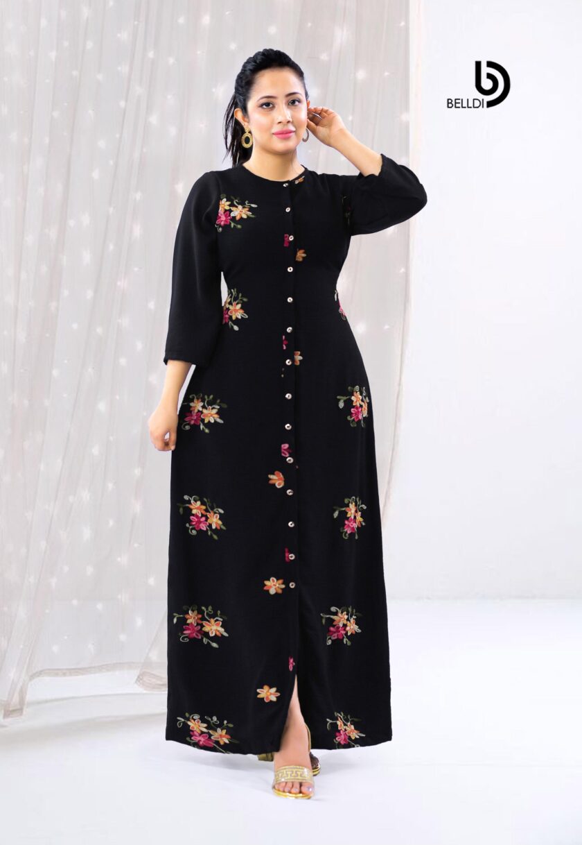 A-LINE LONG SLEEVE FLORAL FRONT OPENED BLACK LONG DRESS - Image 2