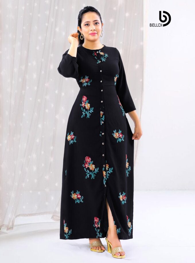 A-LINE LONG SLEEVE FLORAL FRONT OPENED BLACK LONG DRESS