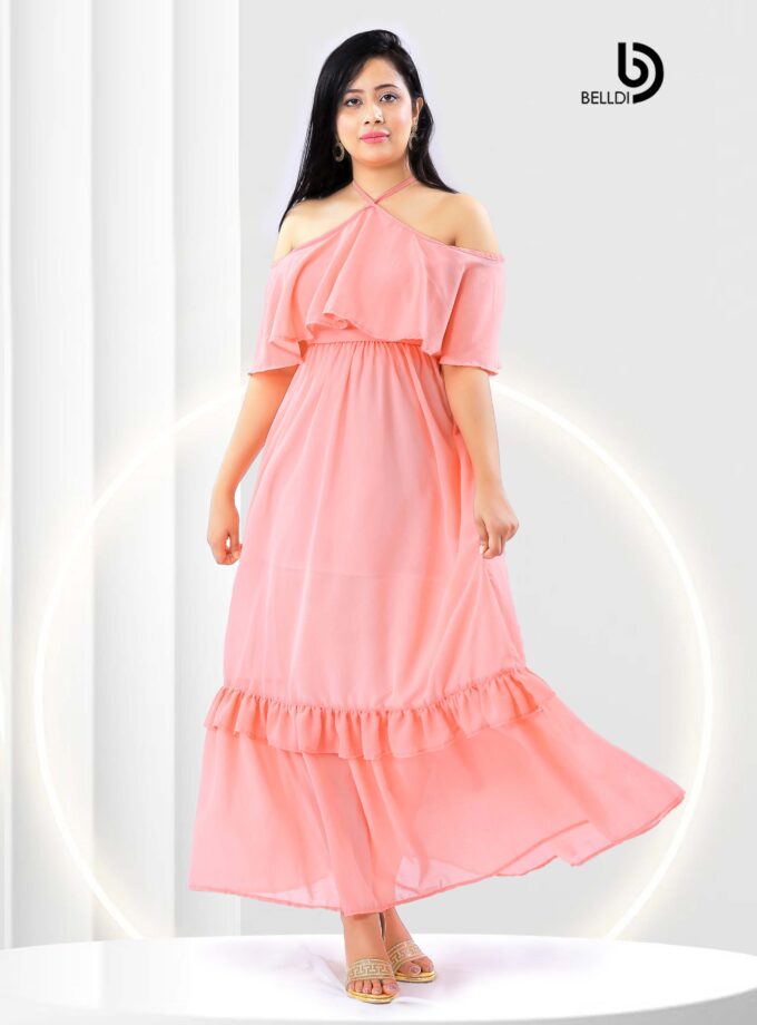 HALTER NECKLINE RUFFLES FRAMED LONG DRESS