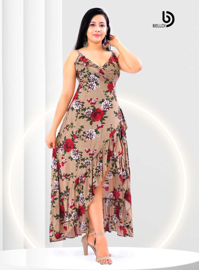 CROSS NECK SPAGHETTI STRAPS FLORAL LONG DRESS