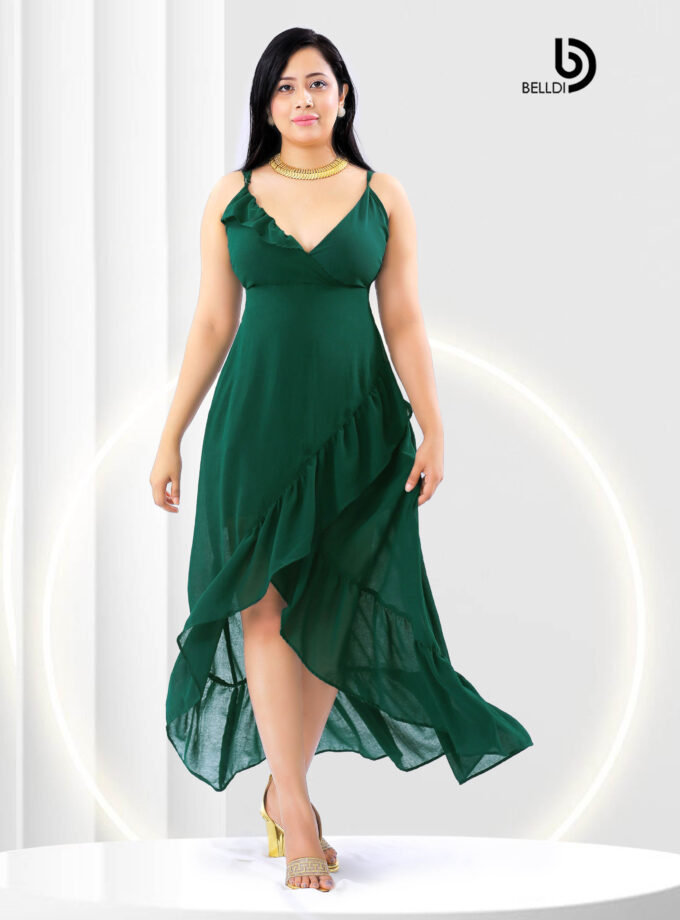 CROSS NECK SPAGHETTI STRAPS GREEN LONG DRESS