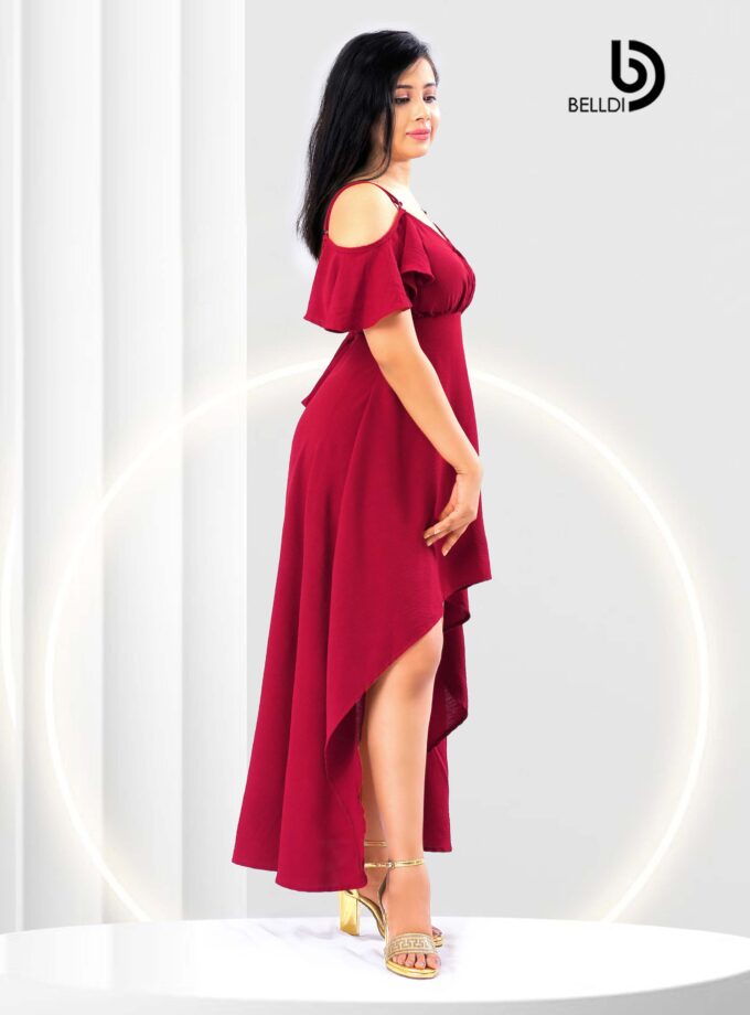 COLD SHOULDER CROSS NECK HIGH LOW RED DRESS