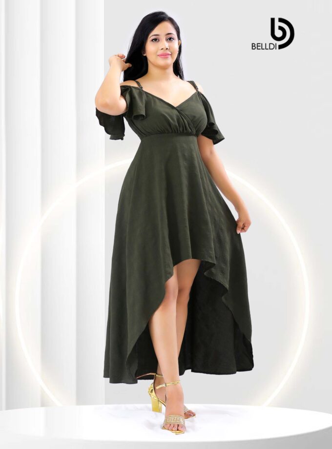 COLD SHOULDER CROSS NECK HIGH LOW DRESS