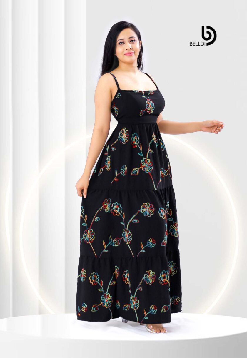 SQUARE NECK SPAGHETTI STRAPS FLORAL BLACK LONG DRESS