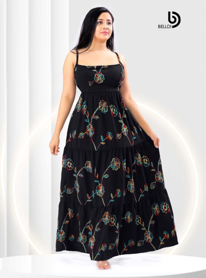 SQUARE NECK SPAGHETTI STRAPS FLORAL BLACK LONG DRESS