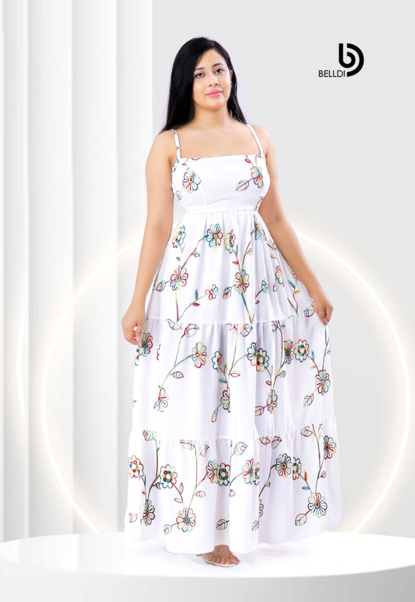 SQUARE NECK SPAGHETTI STRAPS FLORAL WHITE  LONG DRESS