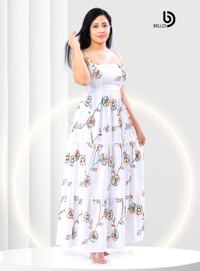 SQUARE NECK SPAGHETTI STRAPS FLORAL WHITE LONG DRESS