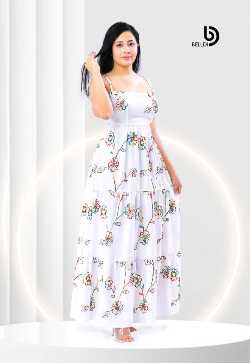 SQUARE NECK SPAGHETTI STRAPS FLORAL WHITE  LONG DRESS - Image 2