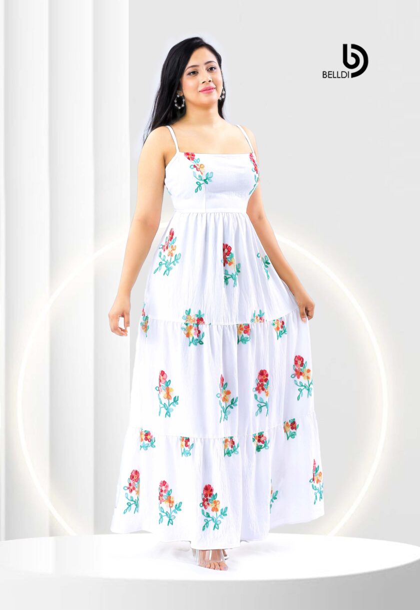 SQUARE NECK SPAGHETTI STRAPS FLORAL WHITE LONG DRESS
