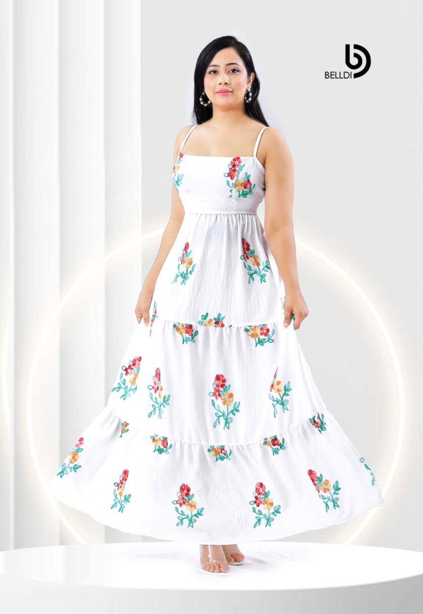SQUARE NECK SPAGHETTI STRAPS FLORAL WHITE LONG DRESS - Image 2